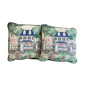 Set of Tapestry Needlepoint Pillows Quaint Village Scene Cottagecore